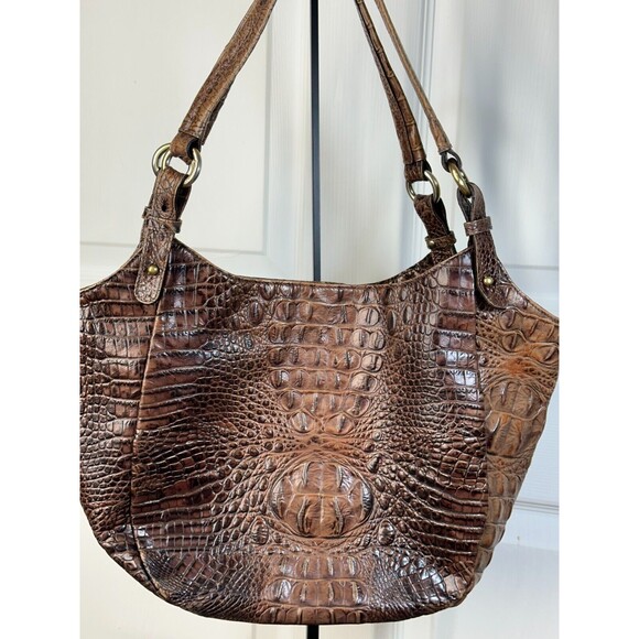 Brahmin Jacqueline Satchel Pecan Croc Embossed Leather Handbag Suede Lined
